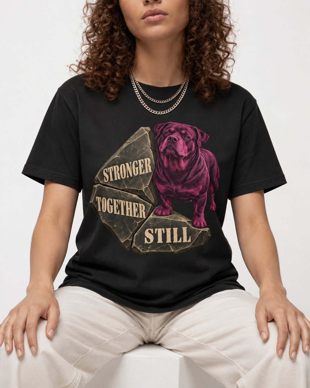 Rottweiler Stronger Together Still Foundation Stone Graphic T-Shirt in Black, worn by a seated model