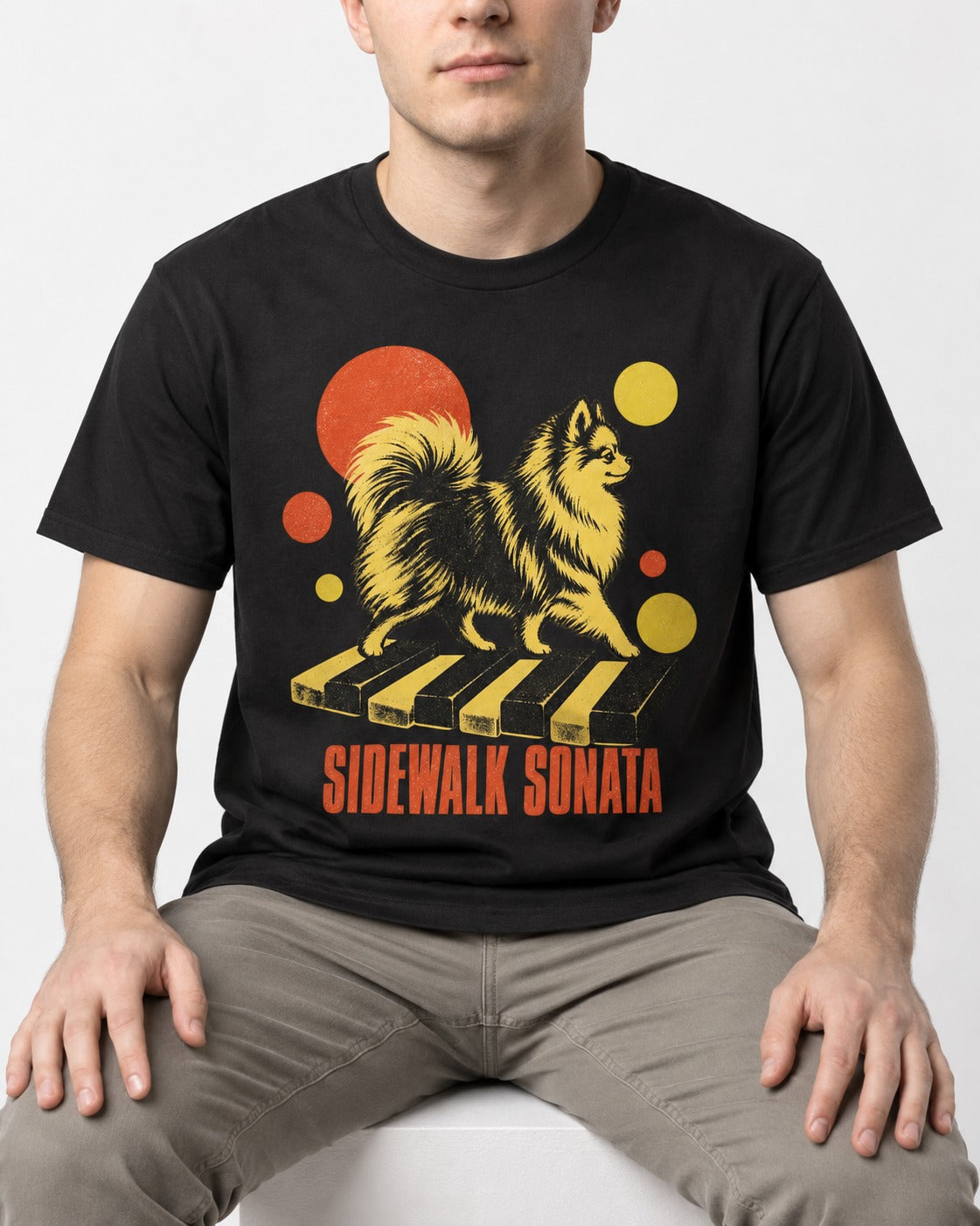 Pomeranian Sidewalk Sonata Piano Graphic T-Shirt in Black, worn by a seated model