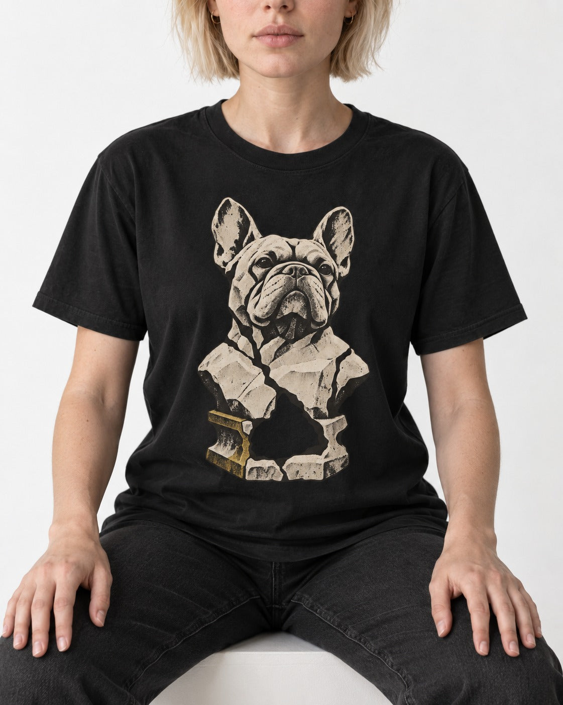 Frenchie Fractured Stone Bust Graphic T-Shirt in Black, worn by a seated model