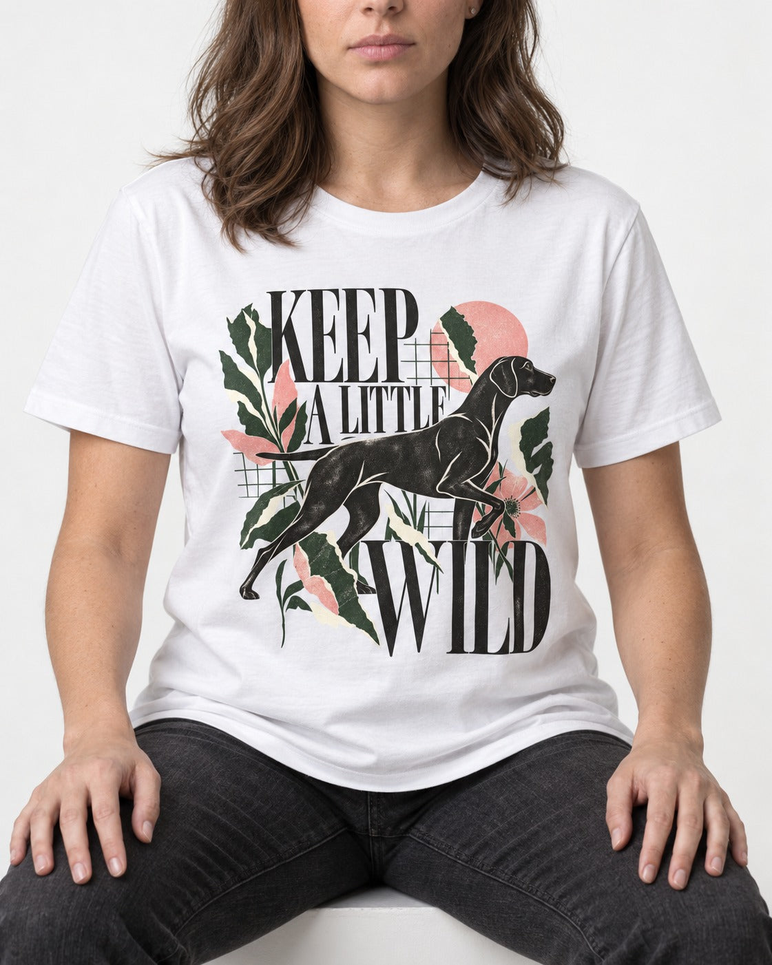 Keep a Little Wild German Shorthaired Pointer T-Shirt in White, worn by a seated model