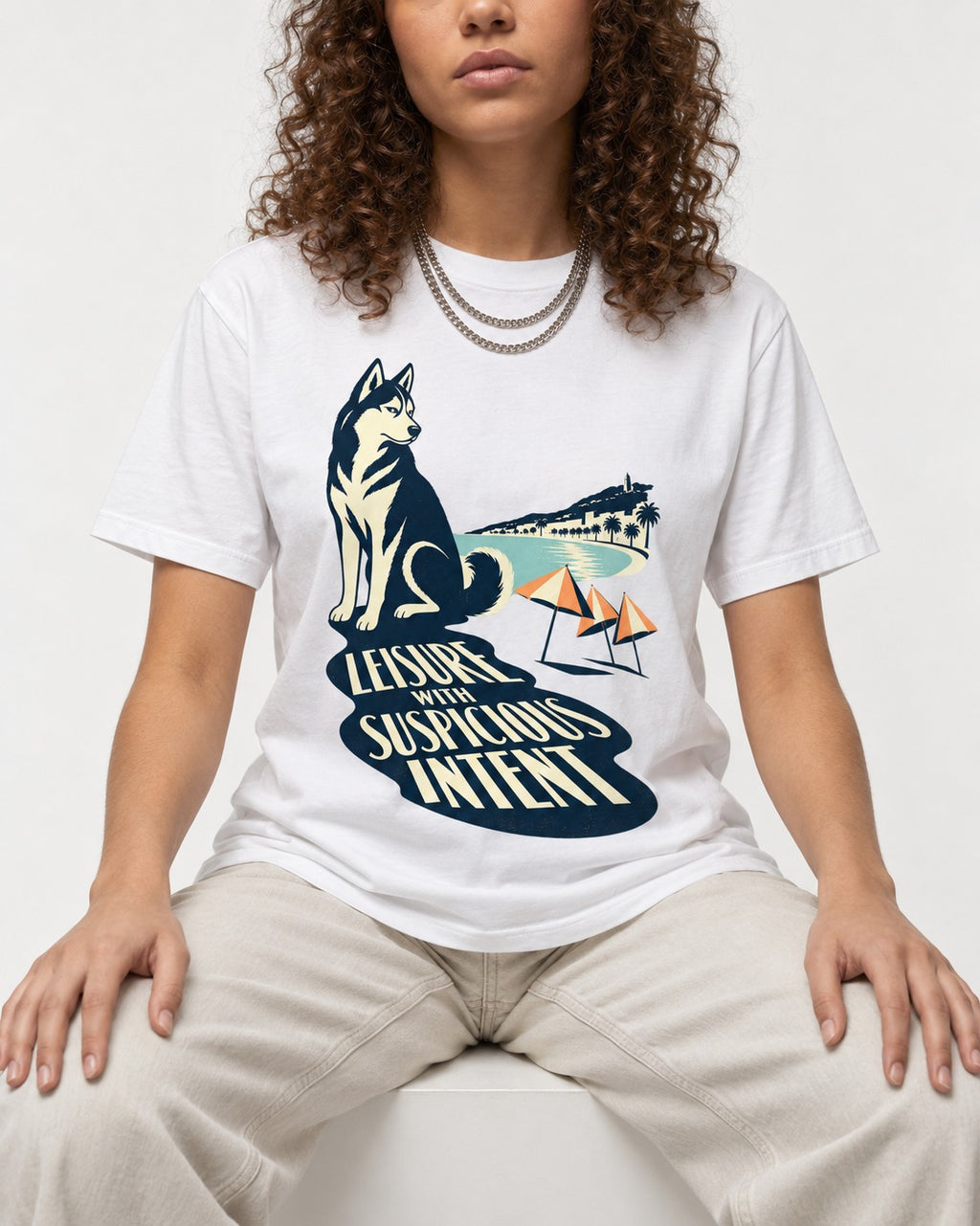 Husky Leisure with Suspicious Intent T-Shirt in White, worn by a seated model
