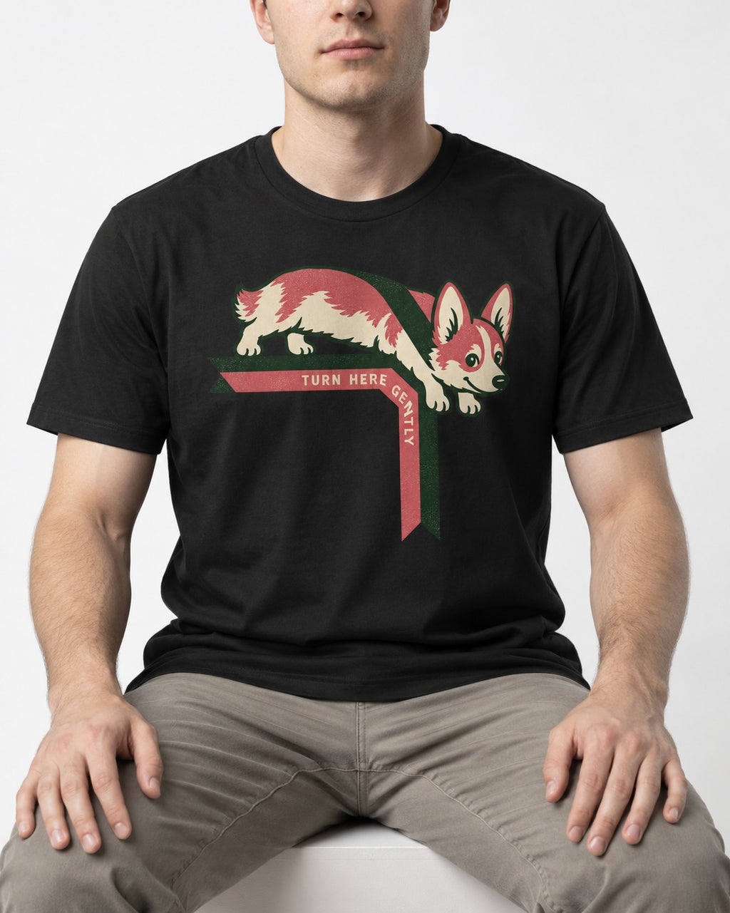 Corgi Turn Here Gently T-Shirt in Black, worn by a seated model