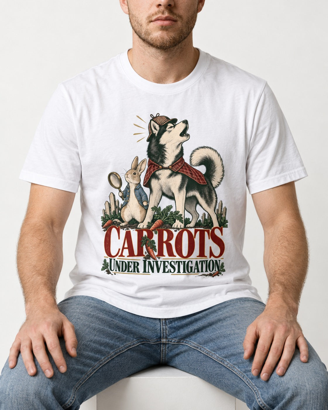 Carrots Under Husky Investigation T-Shirt in White, worn by a seated model