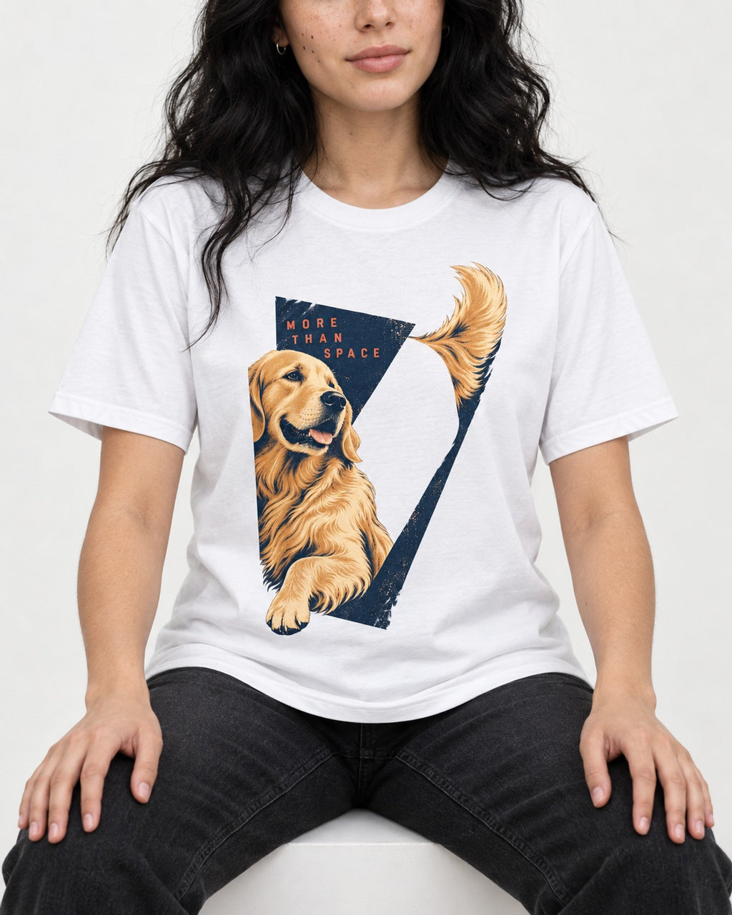 Golden Retriever More Than Space T-Shirt in White, worn by a seated model