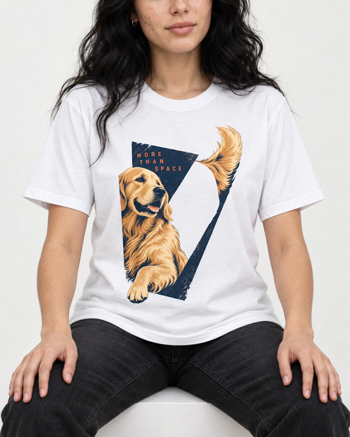 Golden Retriever More Than Space T-Shirt in White, worn by a seated model