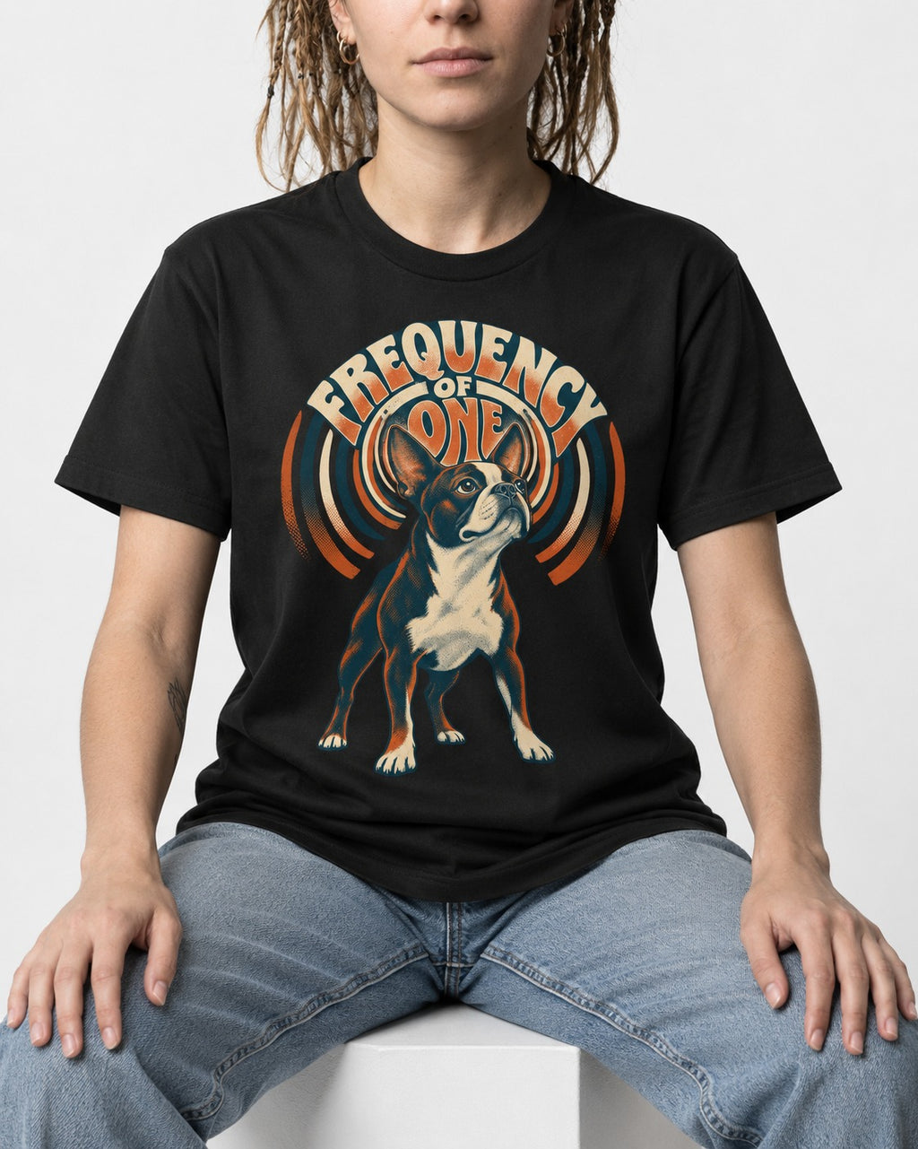 Frequency of One Boston Terrier Graphic T-Shirt in Black, worn by a seated model