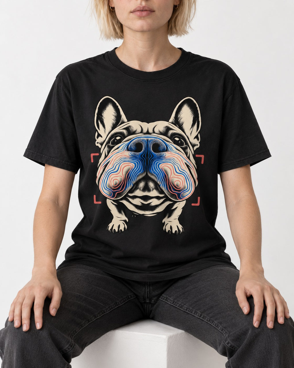 Frenchie Nose Topography Graphic T-Shirt in Black, worn by a seated model