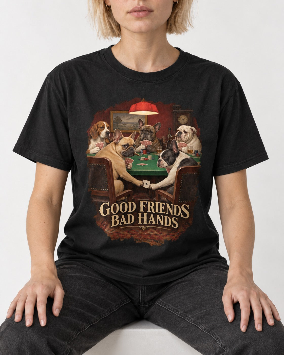 Frenchie Good Friends Bad Hands Poker Graphic T-Shirt in Black, worn by a seated model