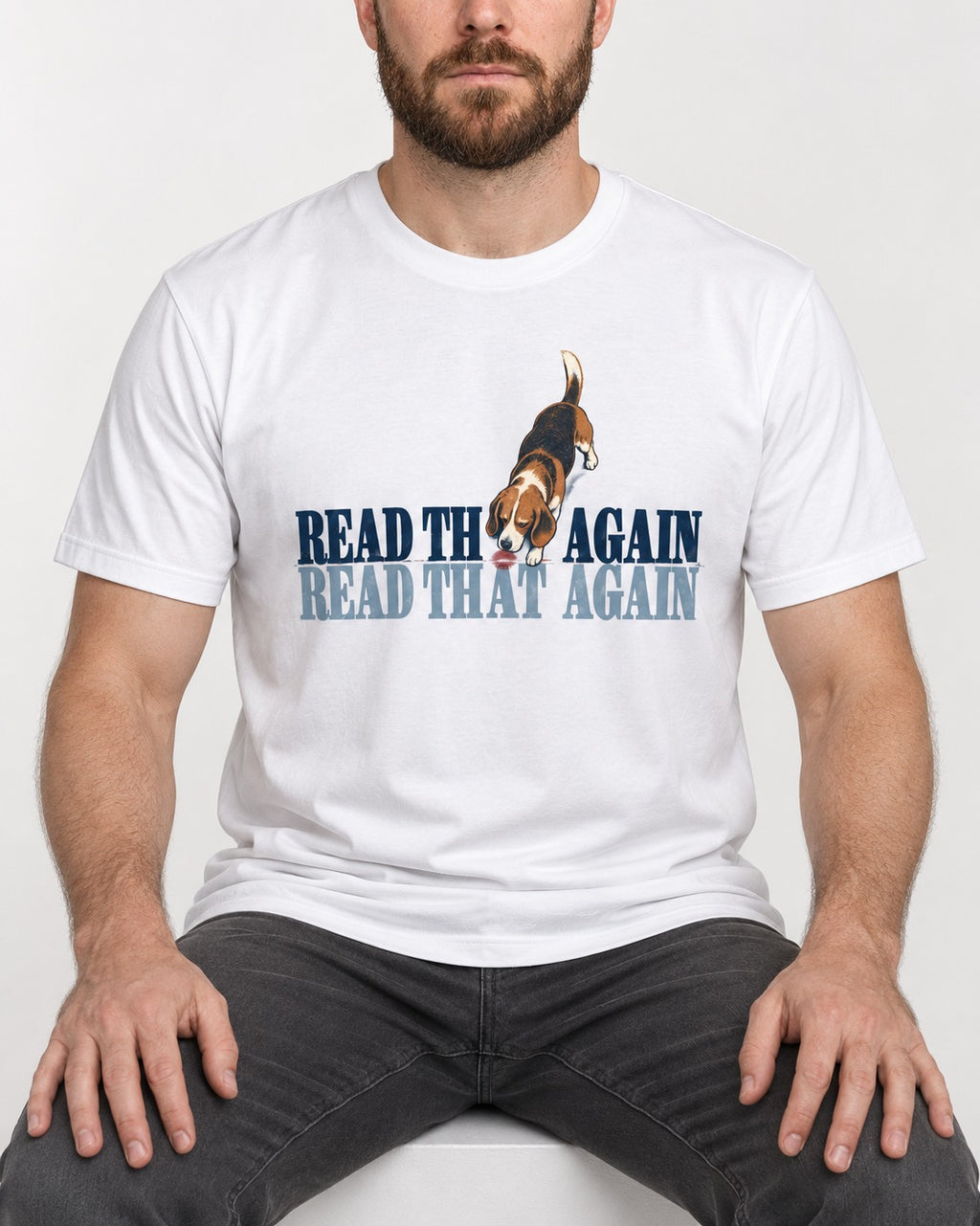 Read That Again Beagle T-Shirt in White, worn by a seated model