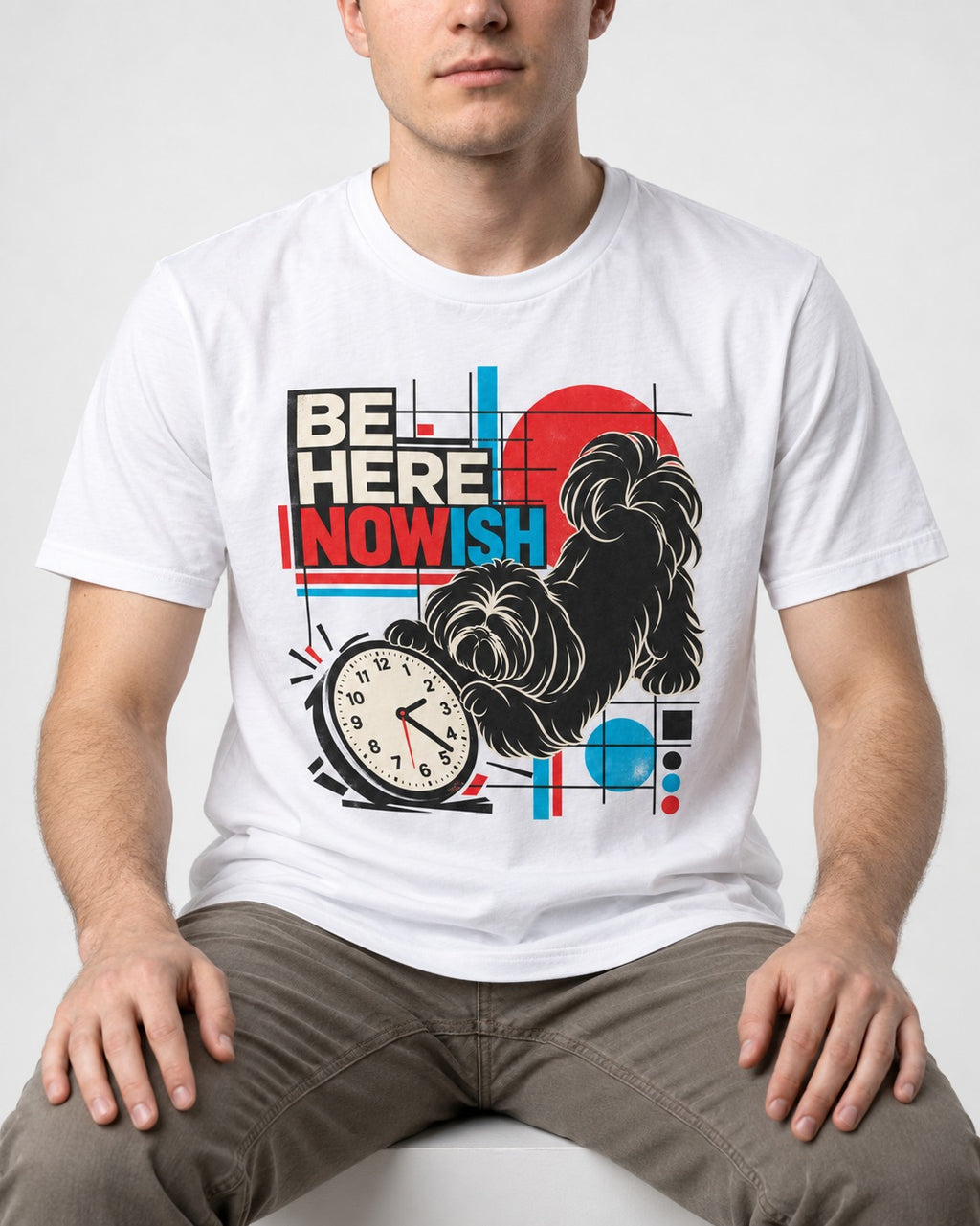 Be Here Nowish Shih Tzu T-Shirt in White, worn by a seated model