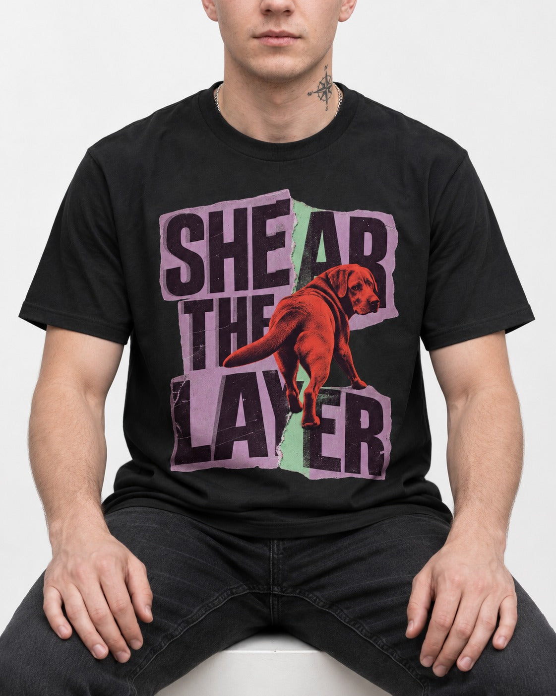 Labrador Retriever Shear the Layer Torn Paper Graphic T-Shirt in Black, worn by a seated model