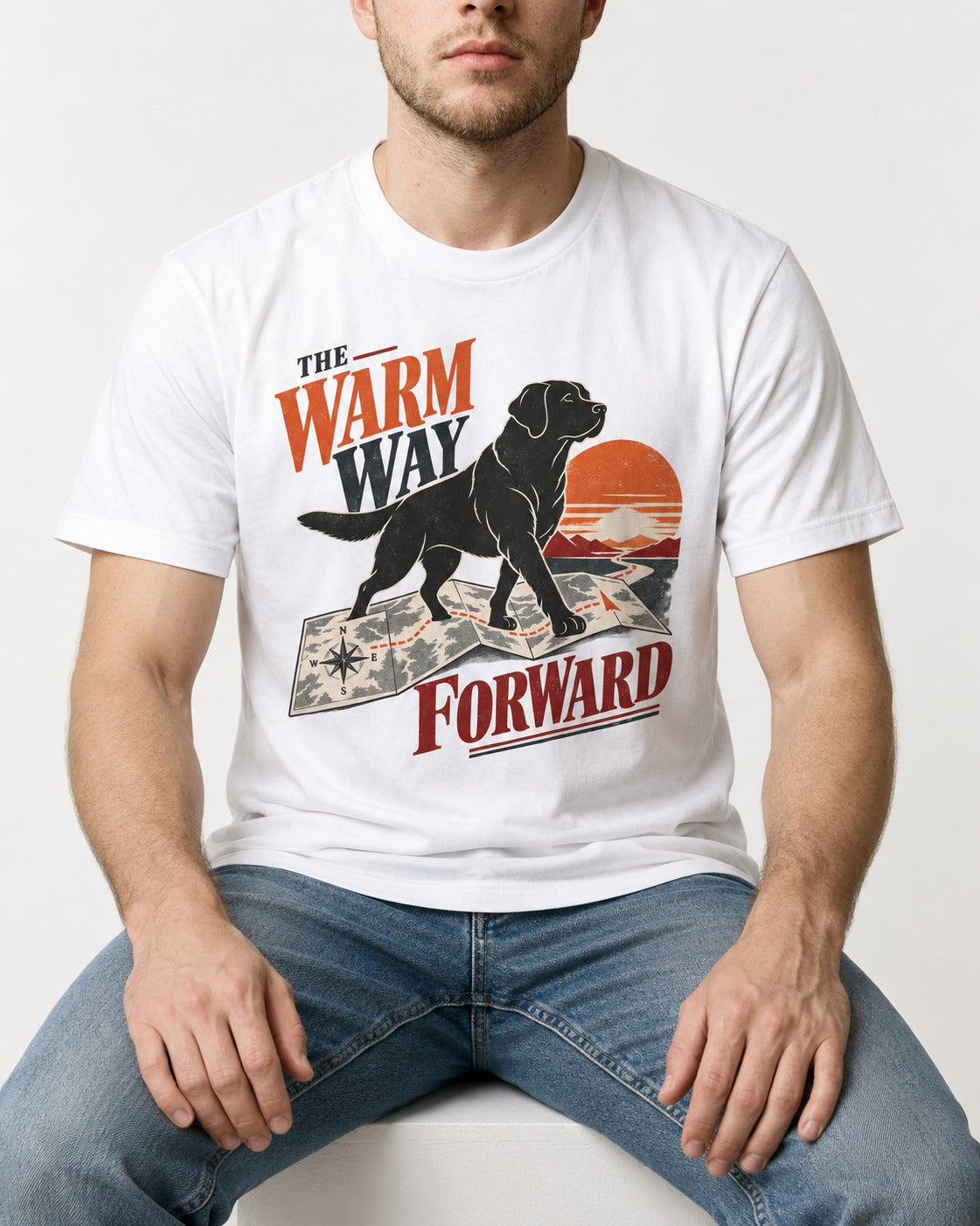 The Warm Way Forward Labrador Retriever T-Shirt in White, worn by a seated model
