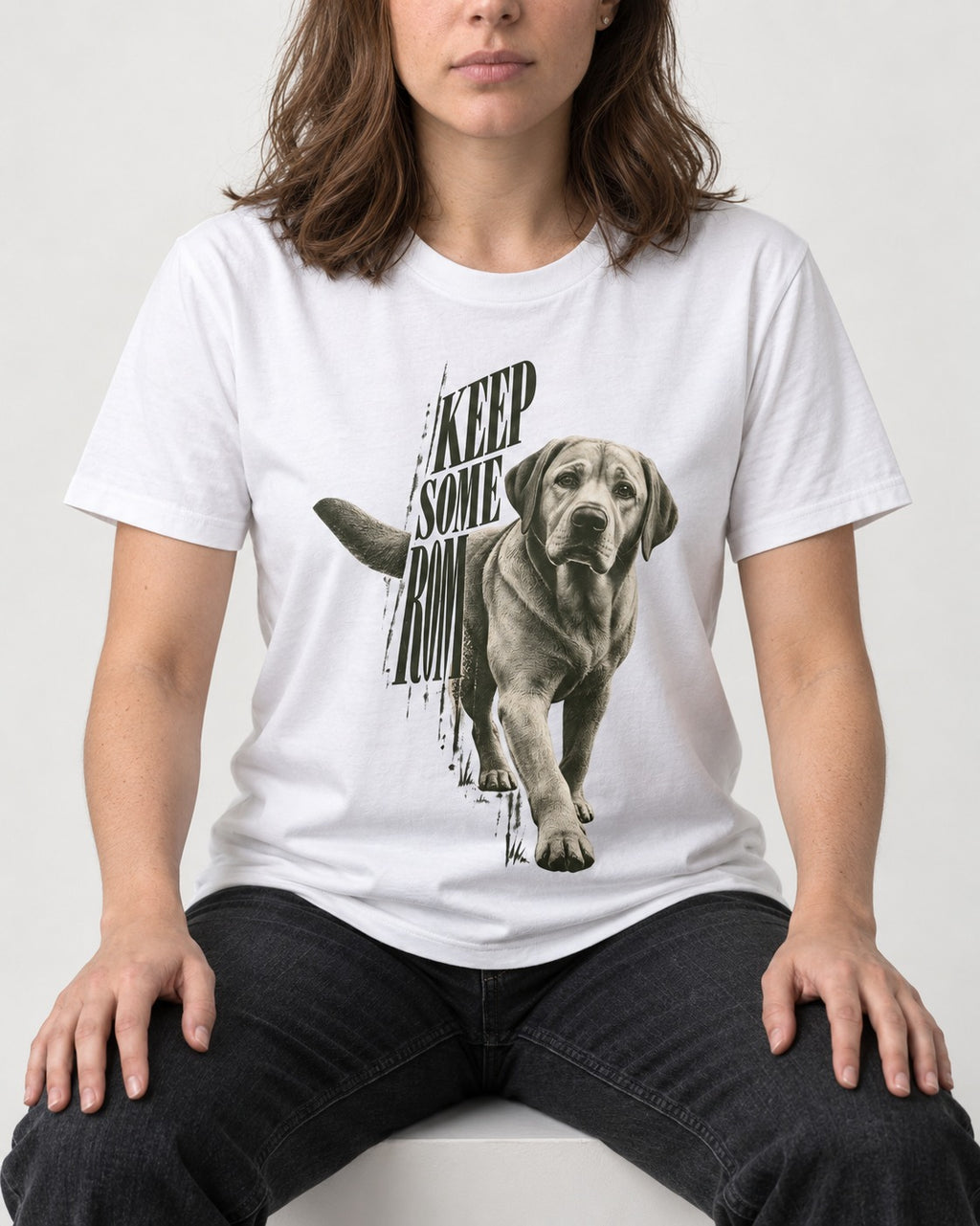 Keep Some Room Labrador Retriever T-Shirt in White, worn by a seated model