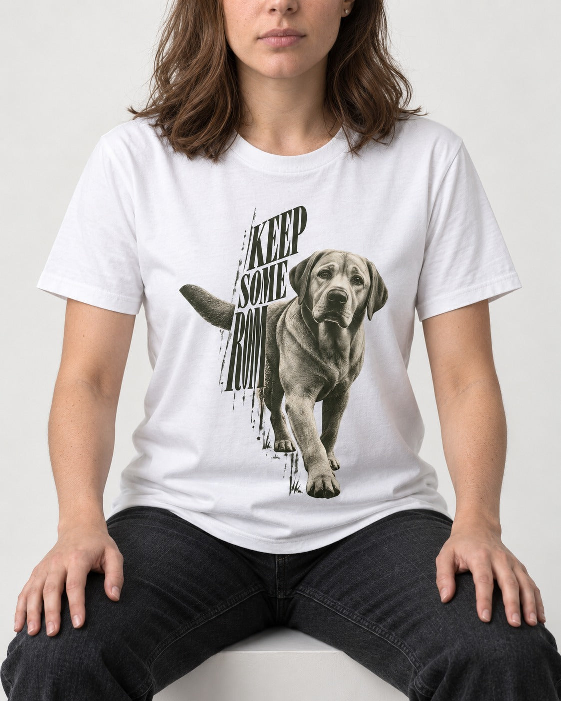 Keep Some Room Labrador Retriever T-Shirt in White, worn by a seated model