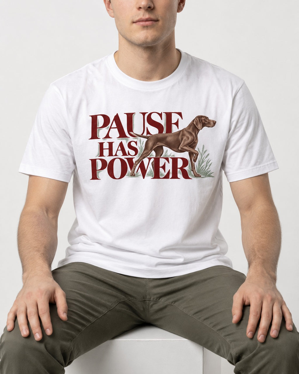Pause Has Power German Shorthaired Pointer T-Shirt in White, worn by a seated model