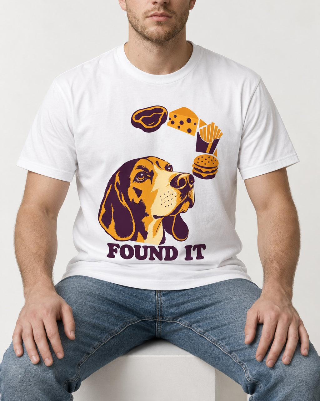 Beagle Found It T-Shirt in White, worn by a seated model