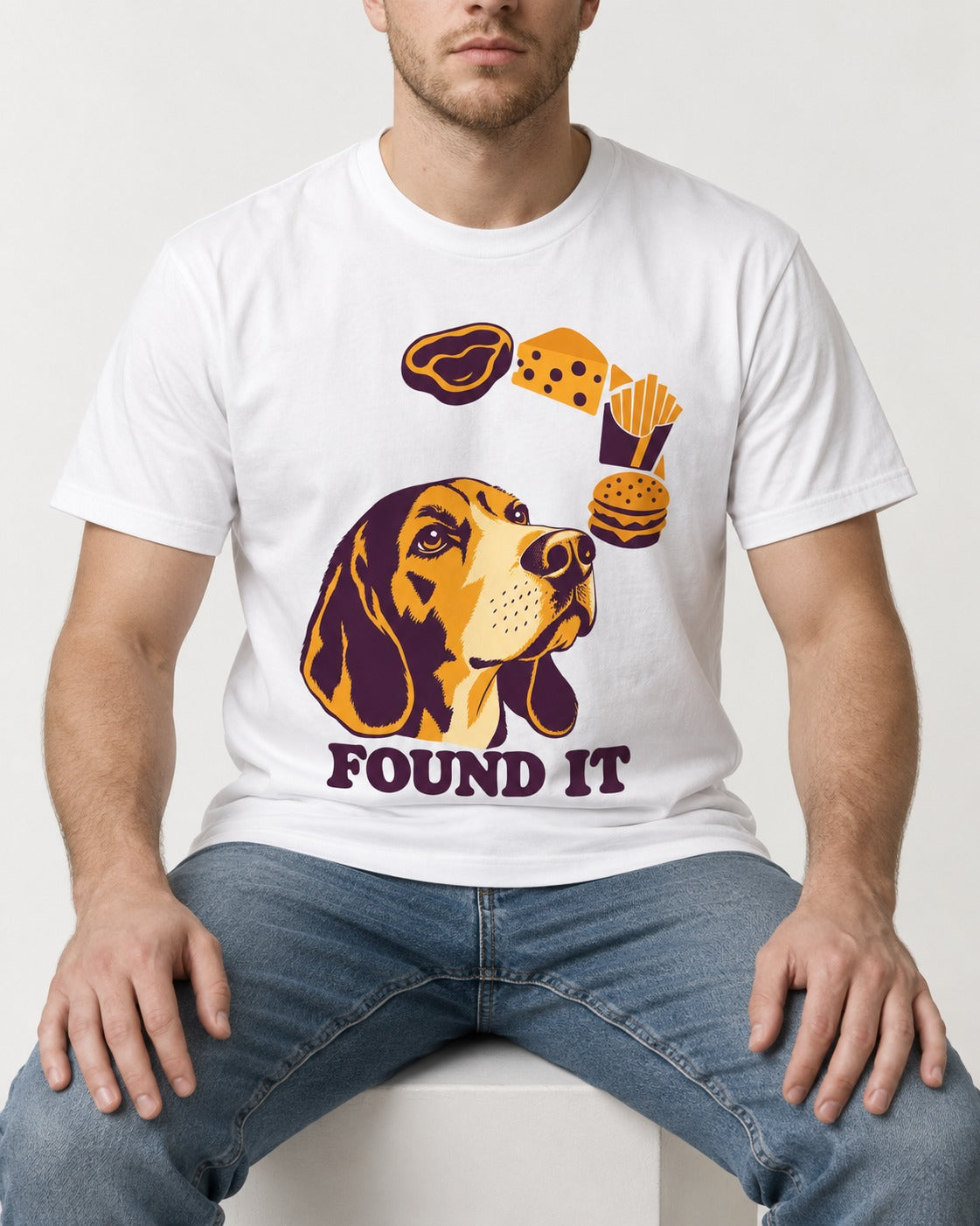 Beagle Found It T-Shirt in White, worn by a seated model