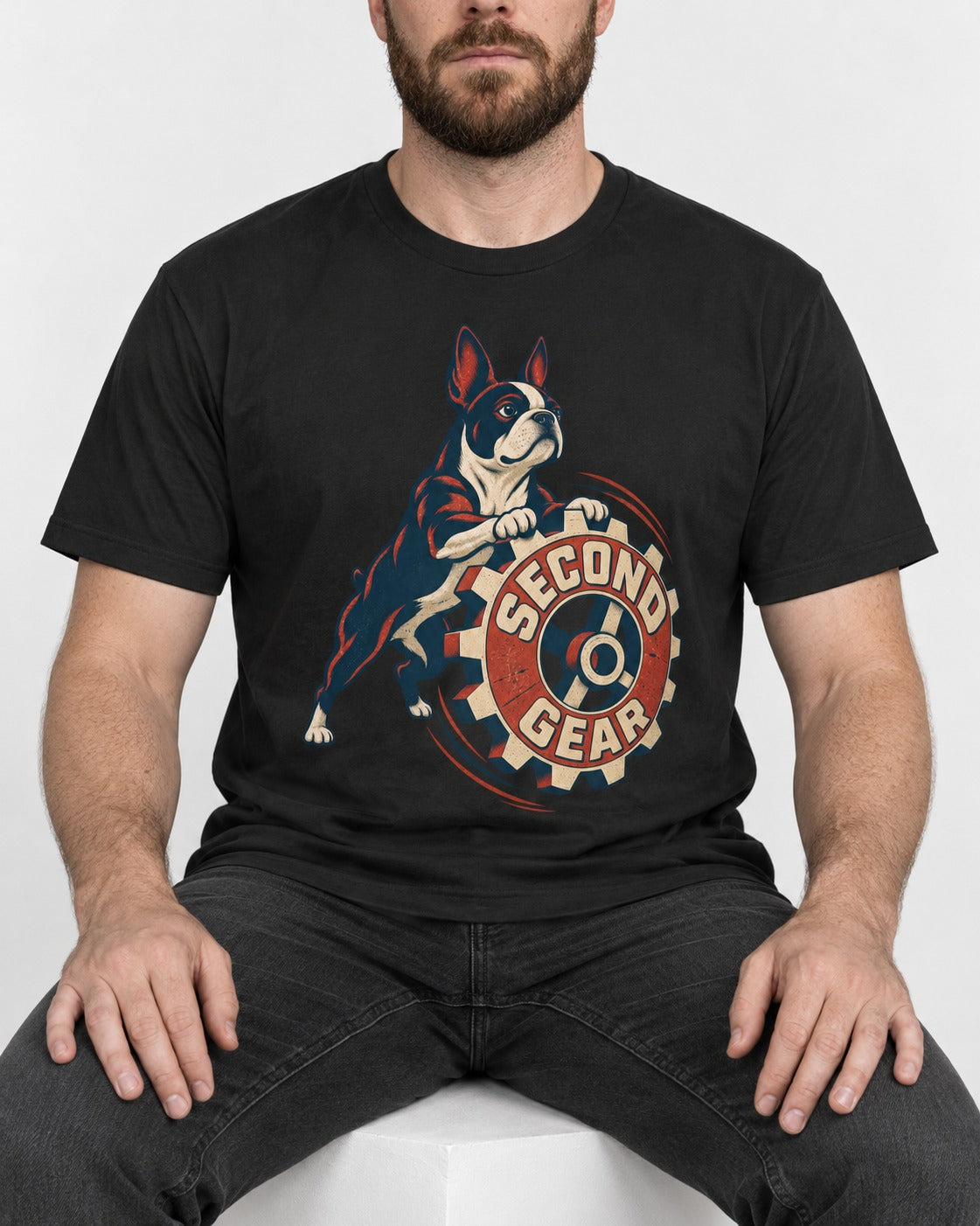 Second Gear Boston Terrier Graphic T-Shirt in Black, worn by a seated model