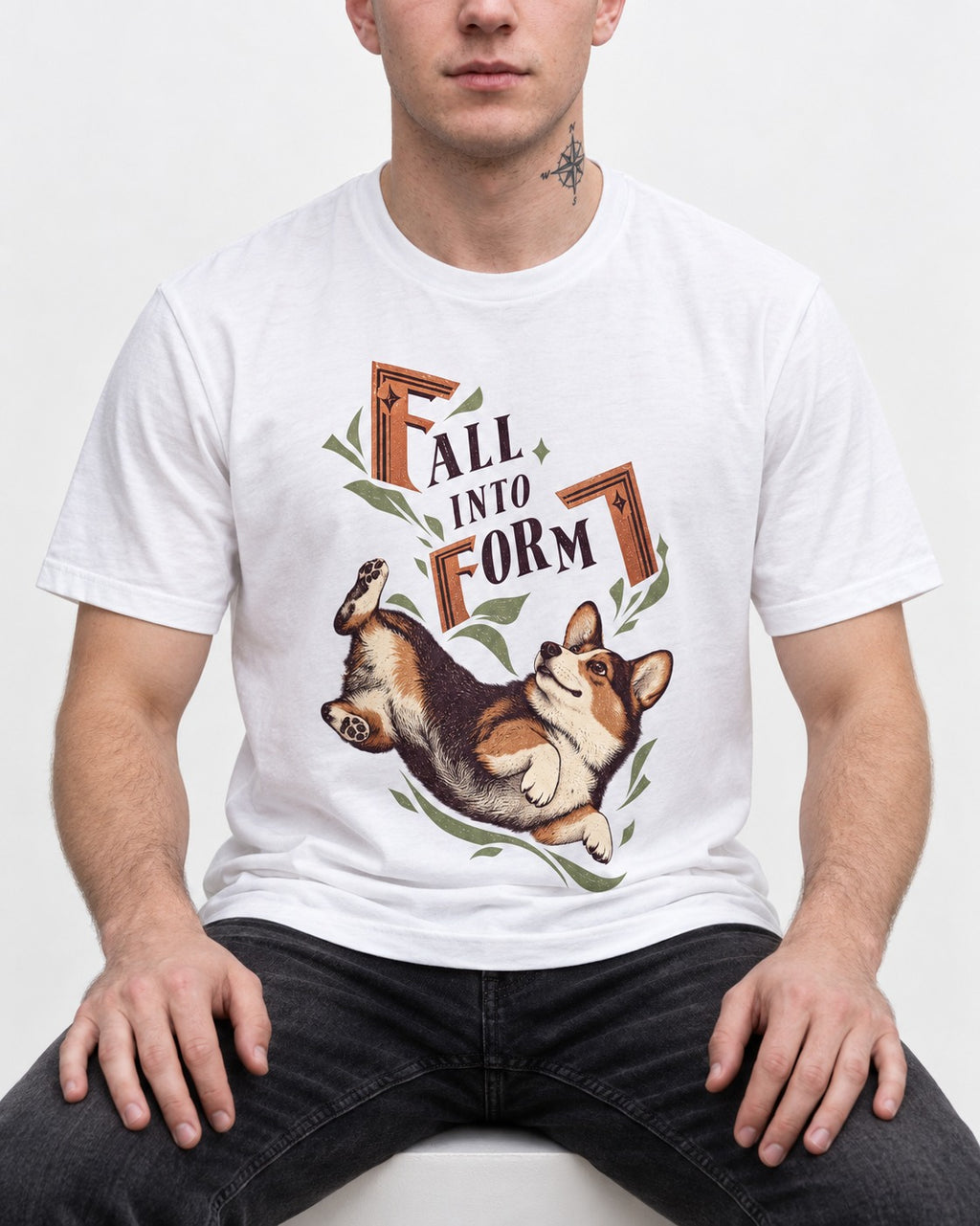 Corgi Fall Into Form T-Shirt in White, worn by a seated model
