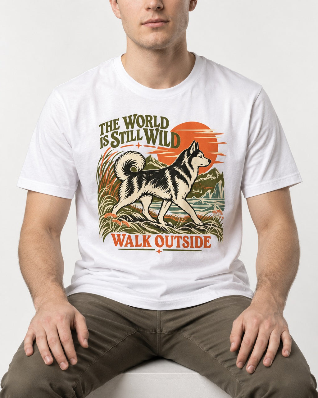 Walk Outside with Husky T-Shirt in White, worn by a seated model