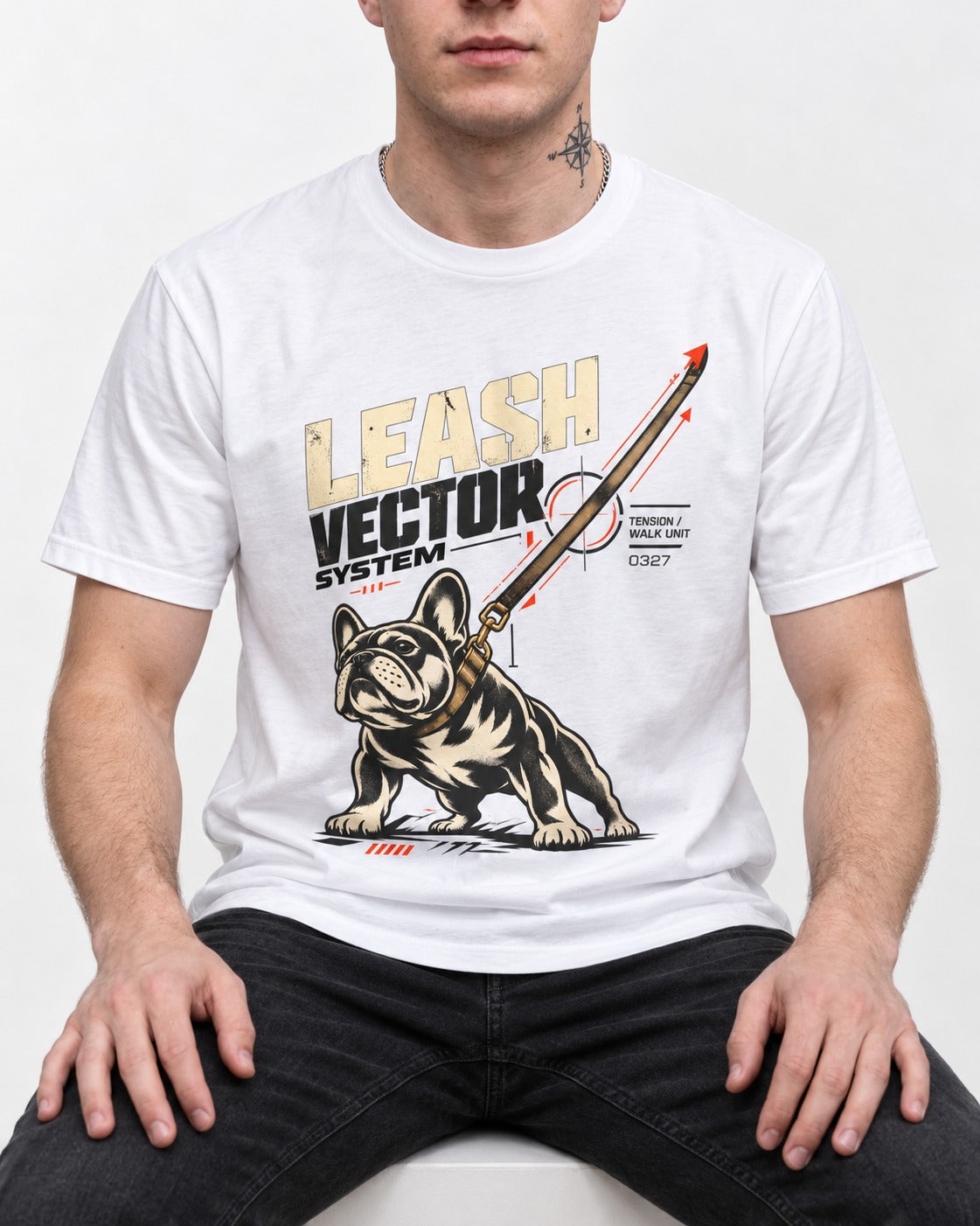 Frenchie Leash Vector T-Shirt in White, worn by a seated model