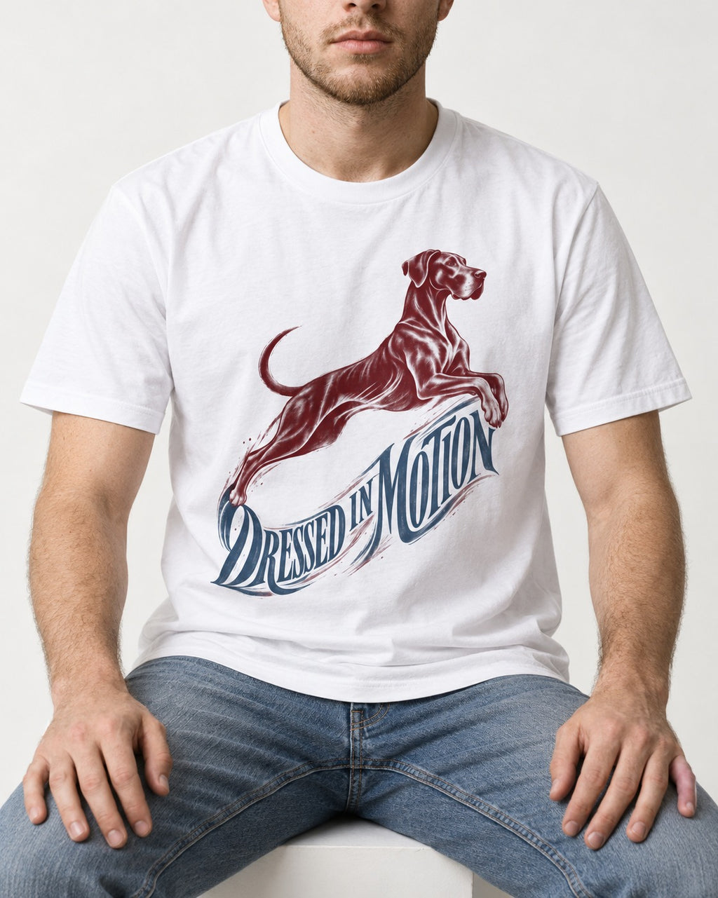 Great Dane Dressed in Motion T-Shirt in White, worn by a seated model