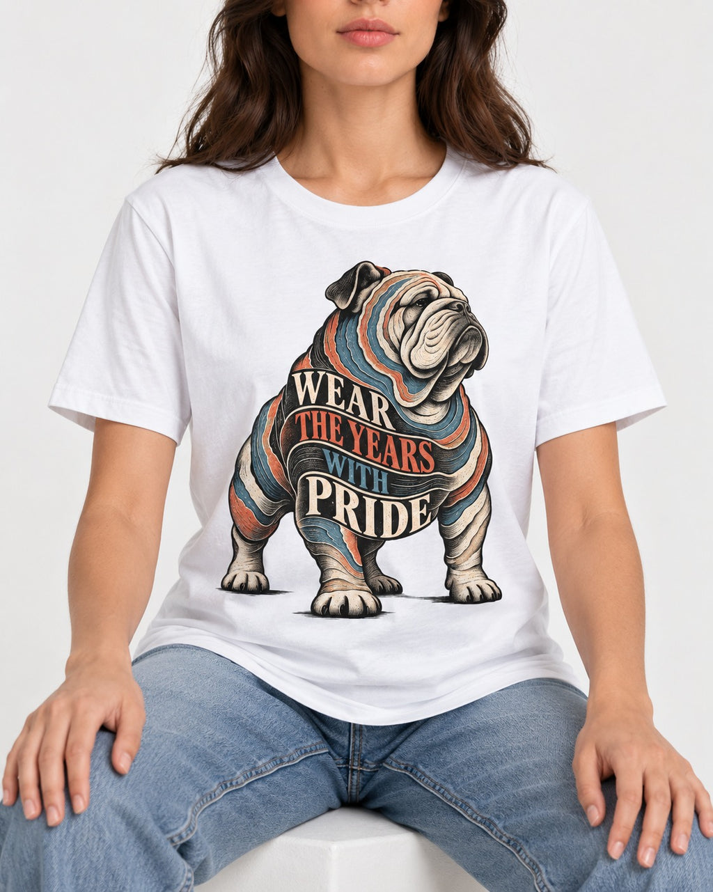 English Bulldog Wear the Years T-Shirt in White, worn by a seated model