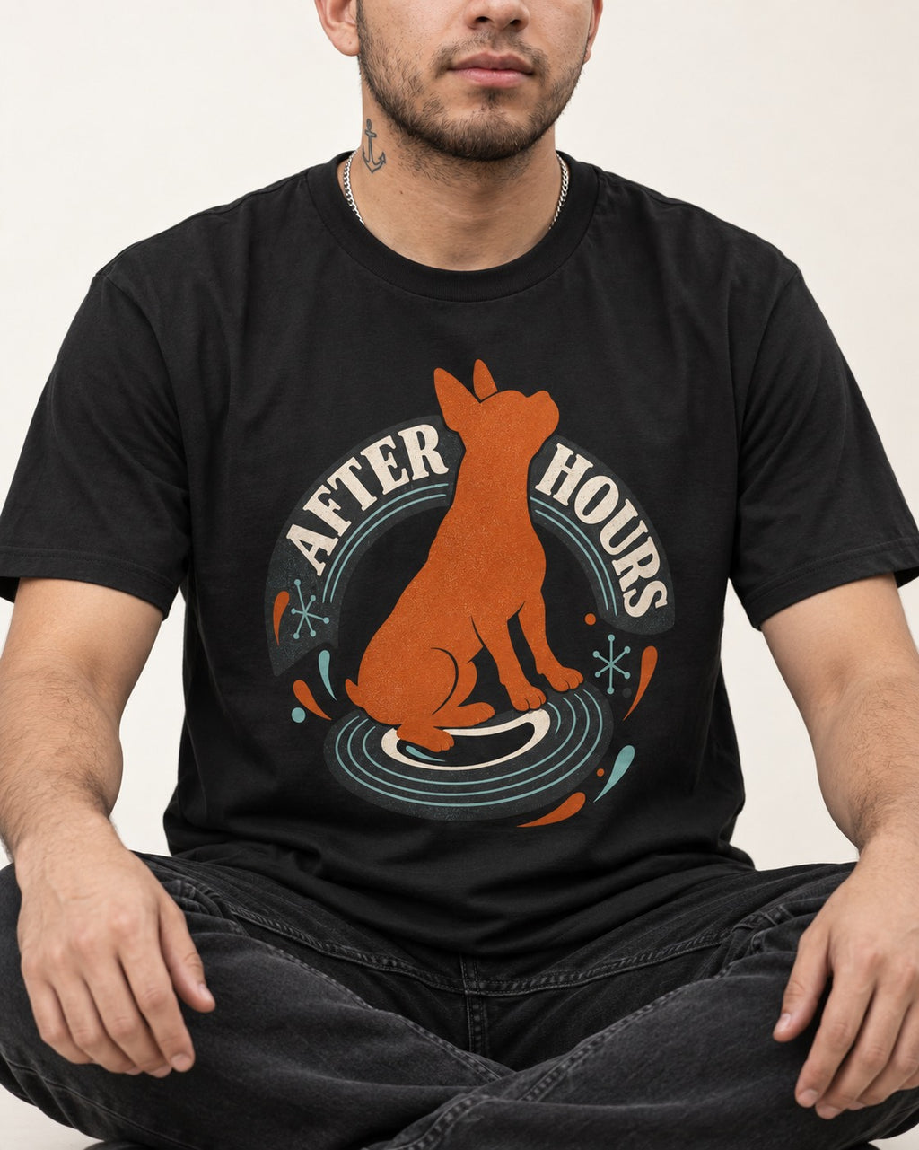 After Hours Boston Terrier Record Graphic T-Shirt in Black, worn by a seated model