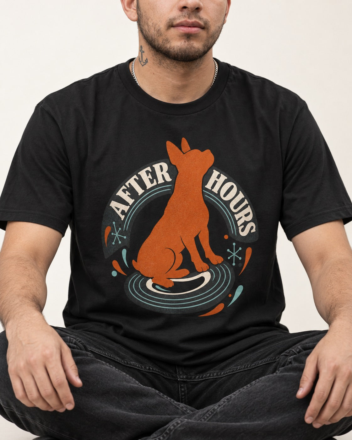 After Hours Boston Terrier Record Graphic T-Shirt in Black, worn by a seated model