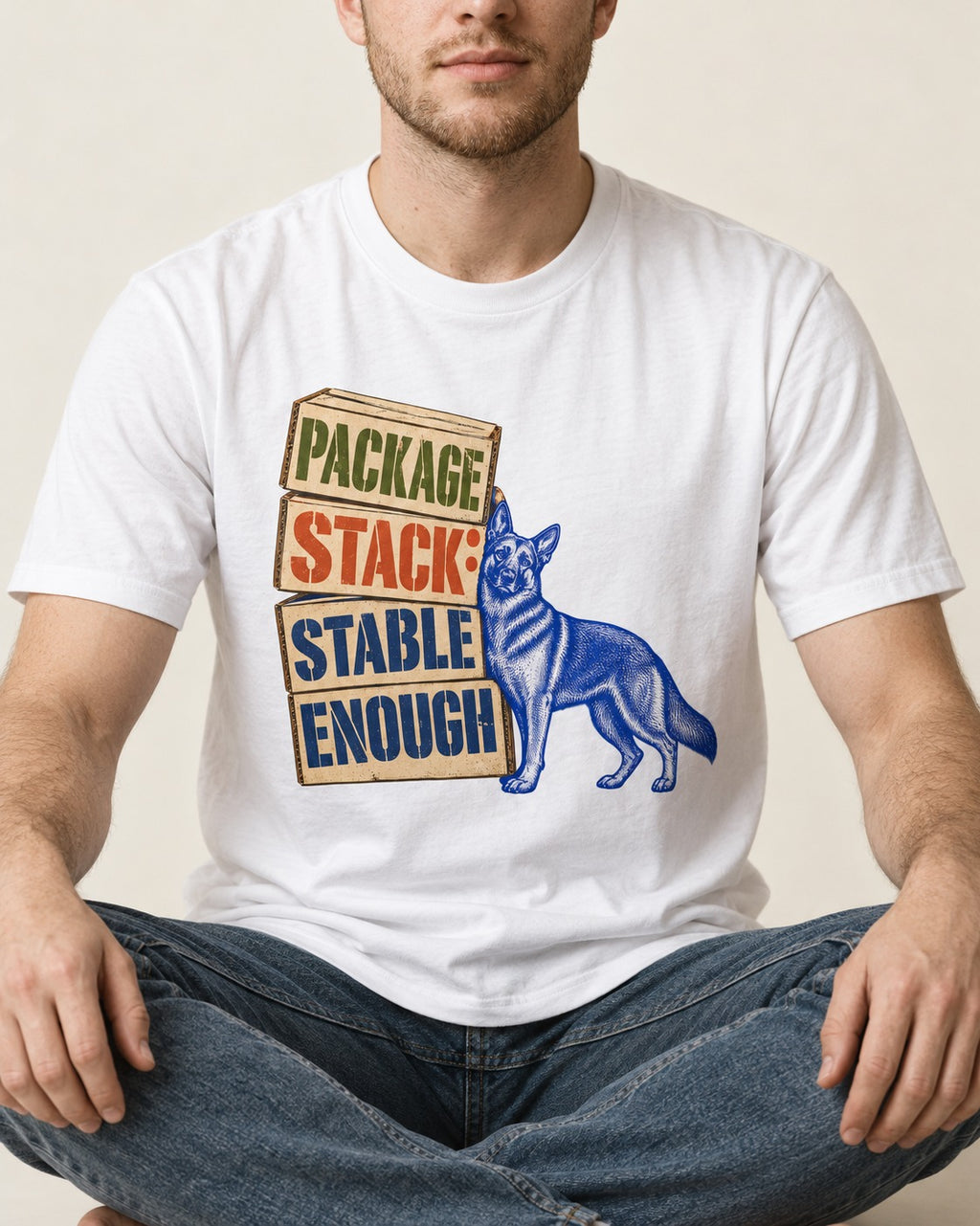 Package Stack Stable Enough German Shepherd Dog T-Shirt in White, worn by a seated model