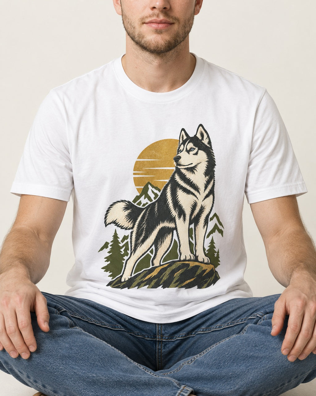 Husky Born to Roam T-Shirt in White, worn by a seated model