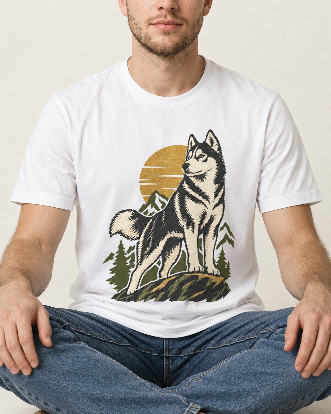 Husky Born to Roam T-Shirt in White, worn by a seated model
