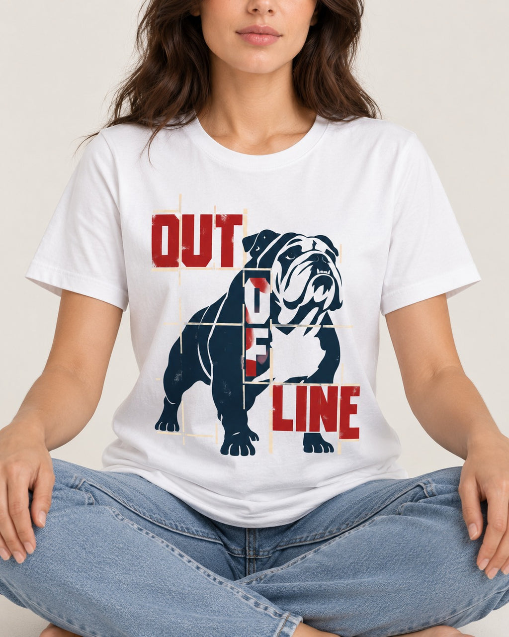 English Bulldog Out of Line T-Shirt in White, worn by a seated model