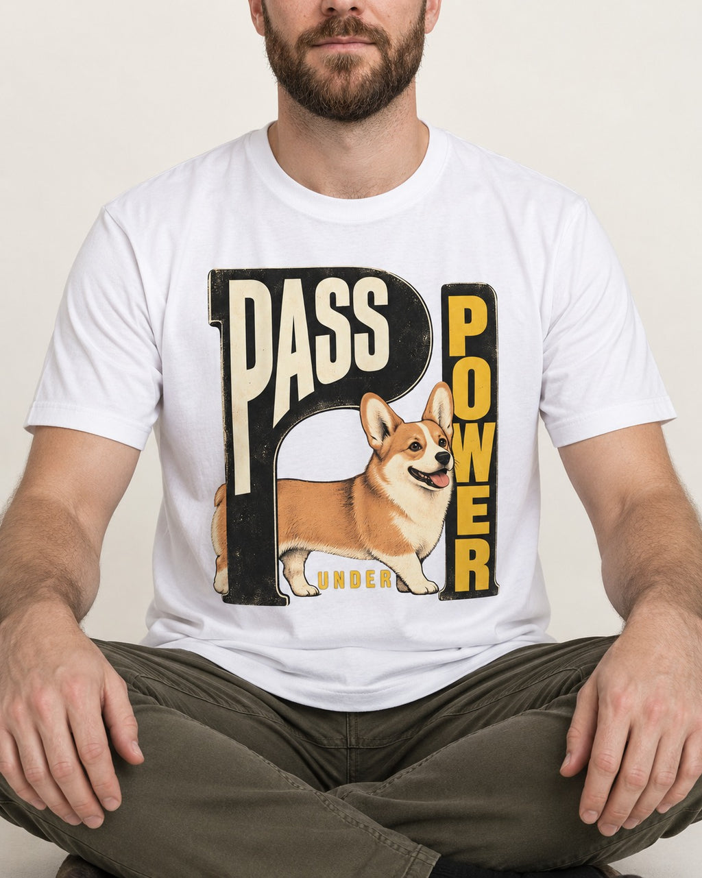 Corgi Power T-Shirt in White, worn by a seated model