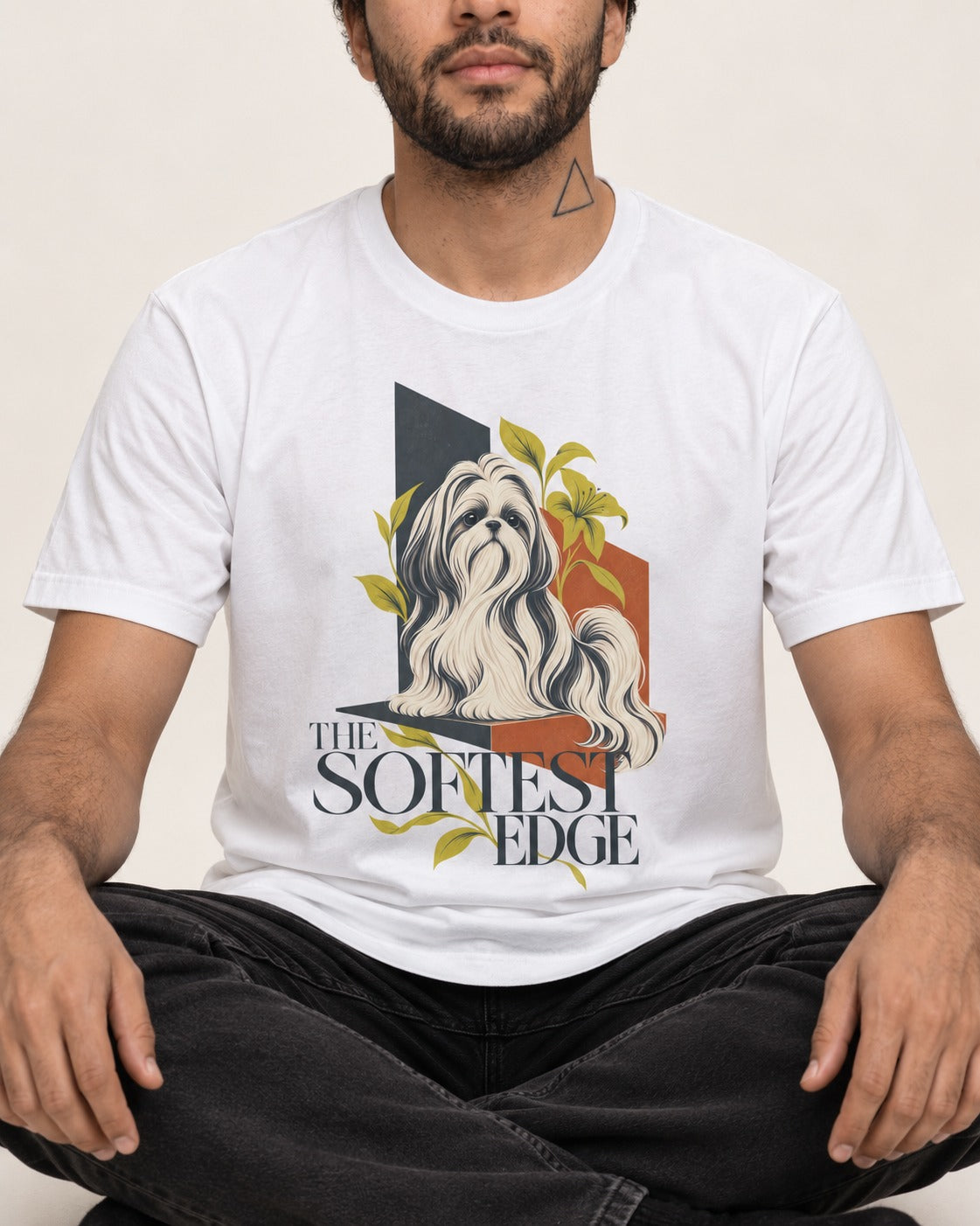 Shih Tzu The Softest Edge T-Shirt in White, worn by a seated model