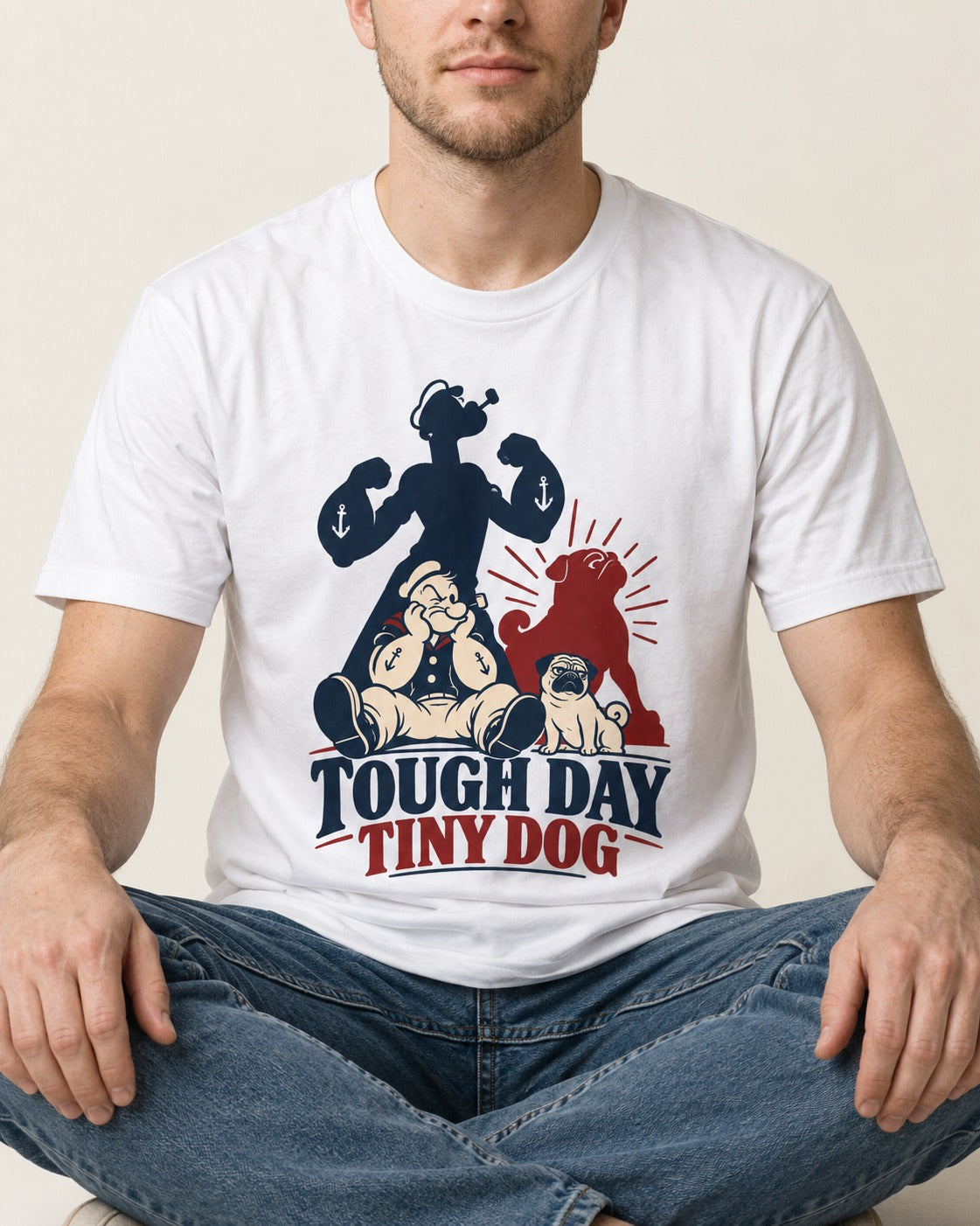 Tough Day Tiny Pug T-Shirt in White, worn by a seated model