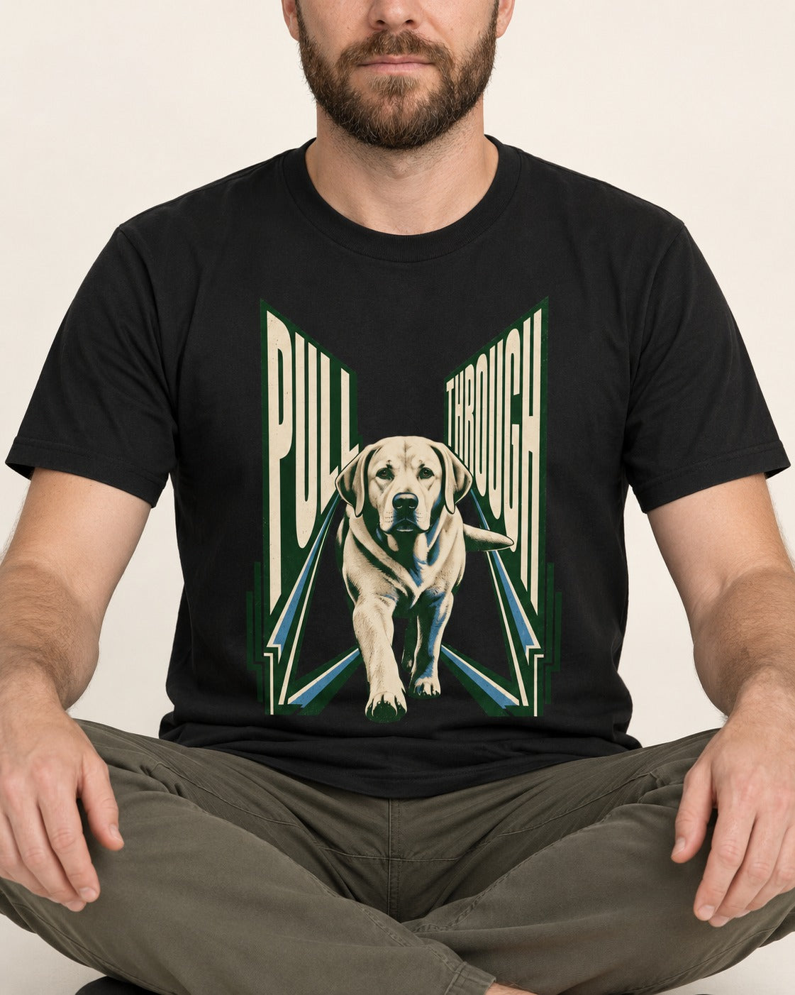 Labrador Retriever Pull Through Perspective Graphic T-Shirt in Black, worn by a seated model