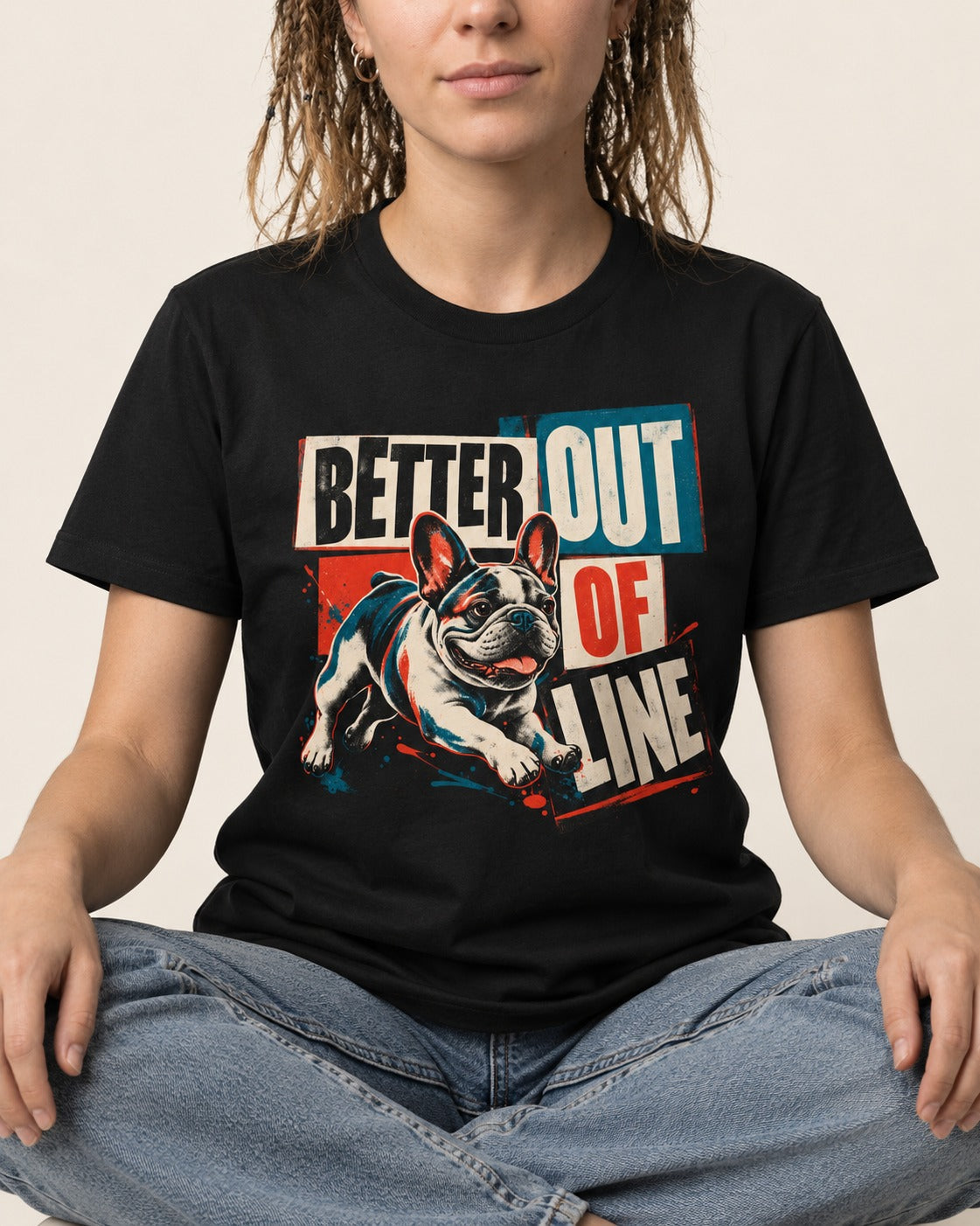 Frenchie Better Out of Line Running Graphic T-Shirt in Black, worn by a seated model