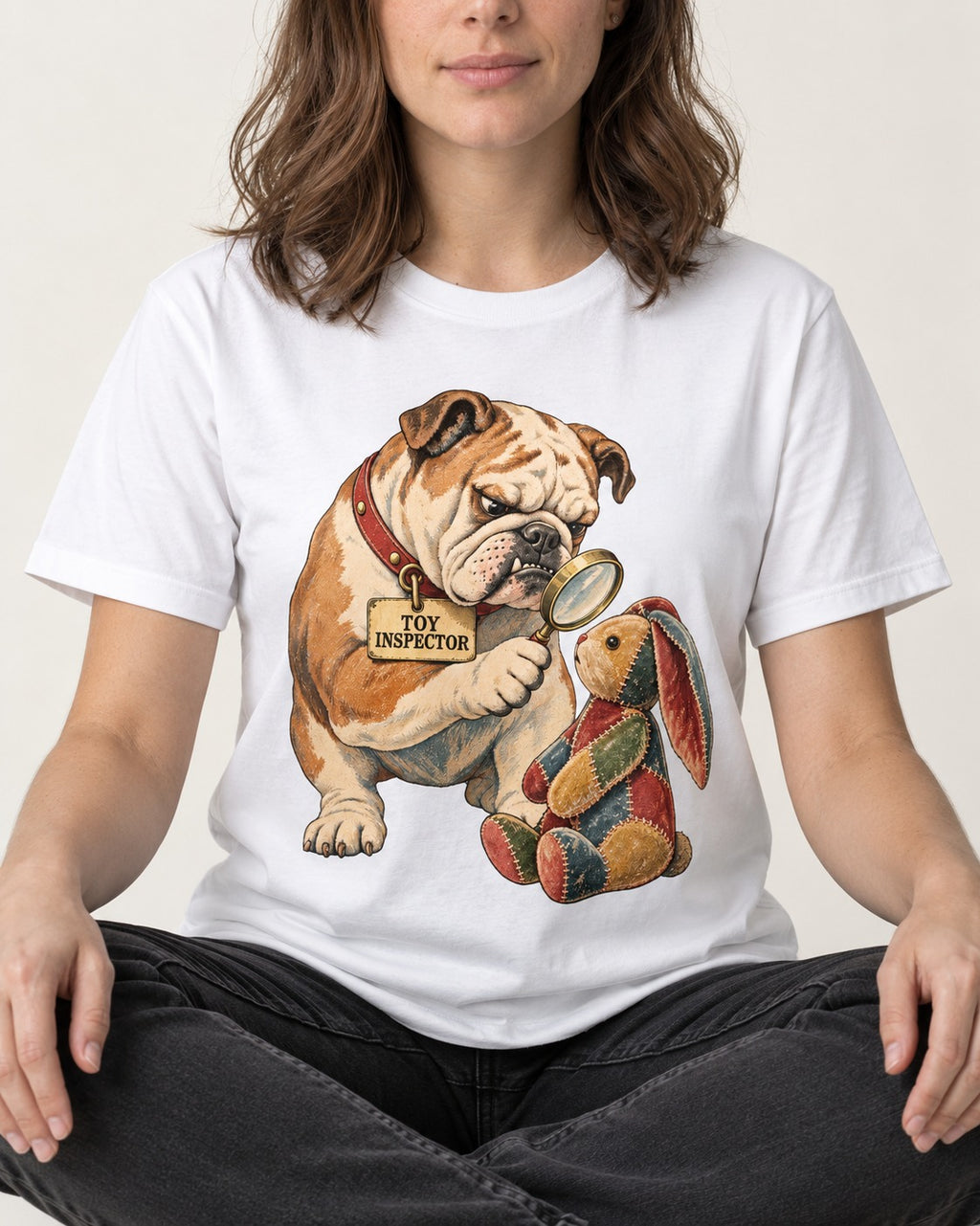 English Bulldog Toy Inspector T-Shirt in White, worn by a seated model