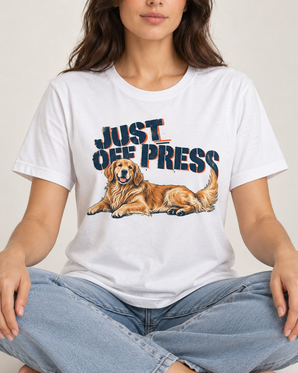 Golden Retriever Just Off Press T-Shirt in White, worn by a seated model