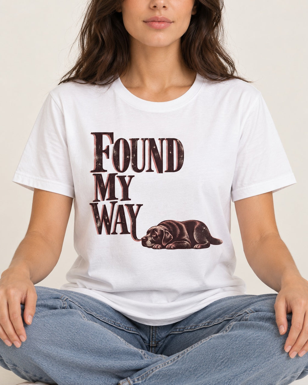 Found My Way Labrador Retriever T-Shirt in White, worn by a seated model