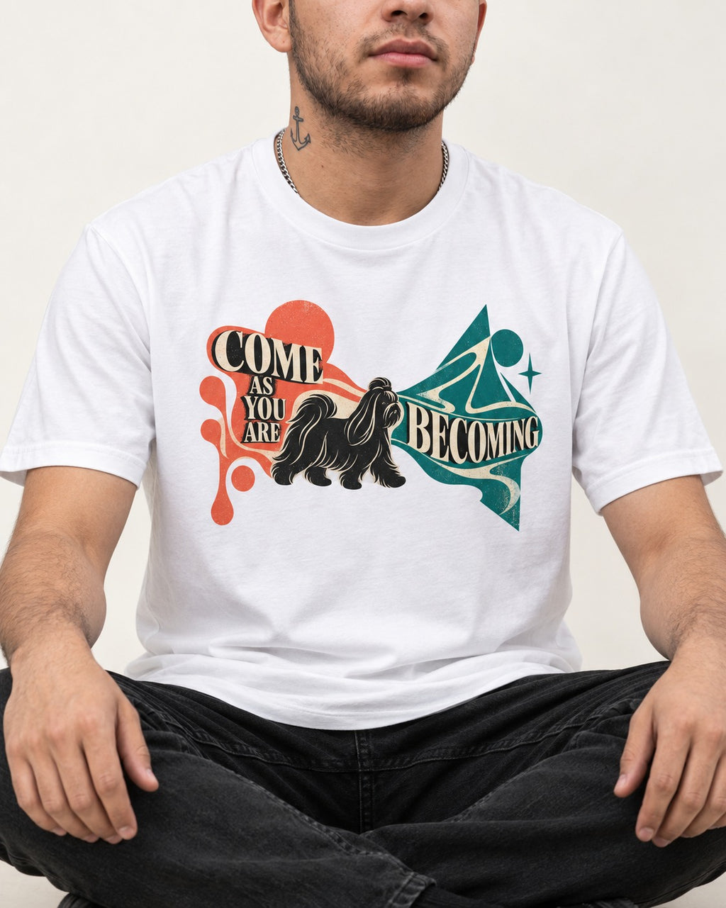 Come as You Are Shih Tzu T-Shirt in White, worn by a seated model