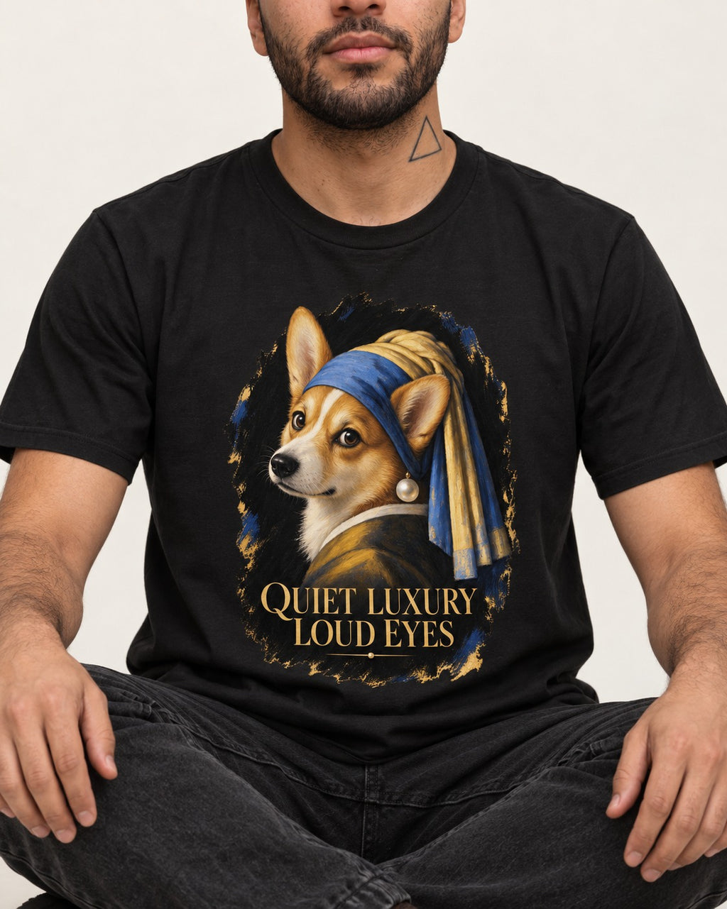 Corgi Quiet Luxury Loud Eyes Pearl Earring Portrait T-Shirt in Black, worn by a seated model
