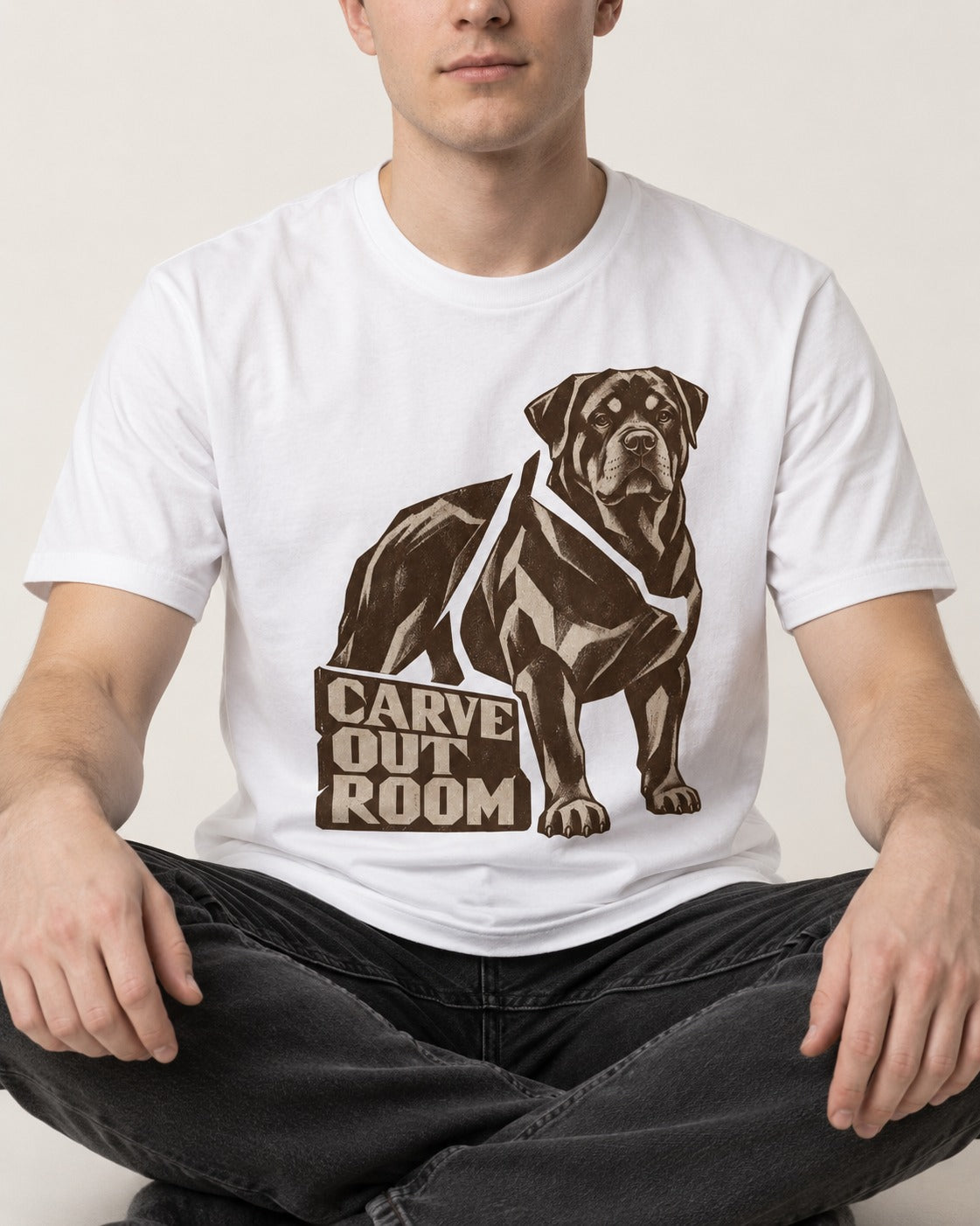 Carve Out Room for Rottweiler T-Shirt in White, worn by a seated model