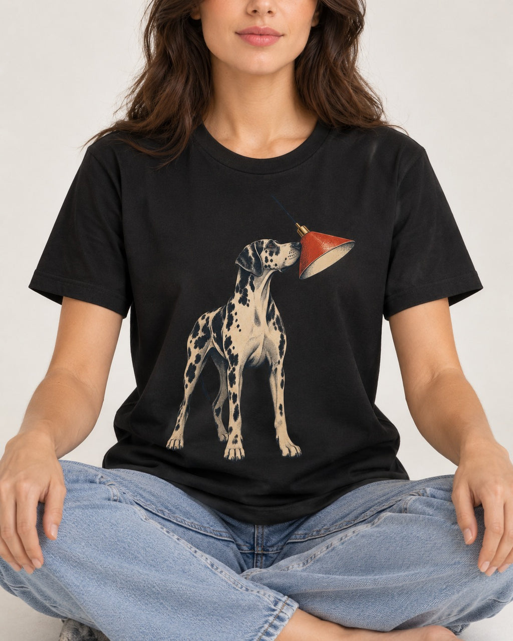 Great Dane Inspecting Hanging Lamp Graphic T-Shirt in Black, worn by a seated model