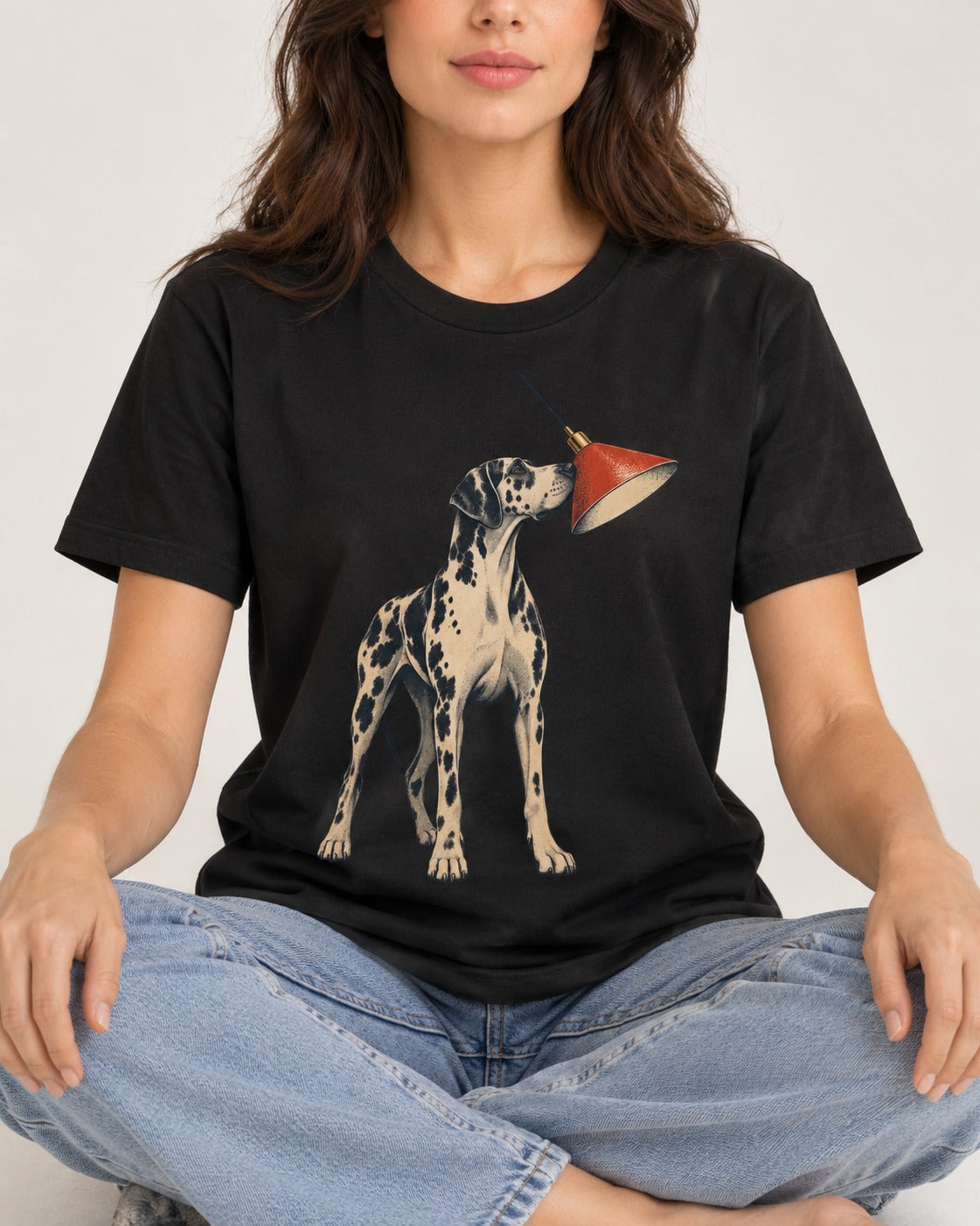 Great Dane Inspecting Hanging Lamp Graphic T-Shirt in Black, worn by a seated model