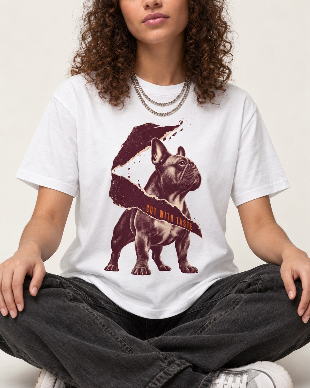 Frenchie Cut with Taste T-Shirt in White, worn by a seated model