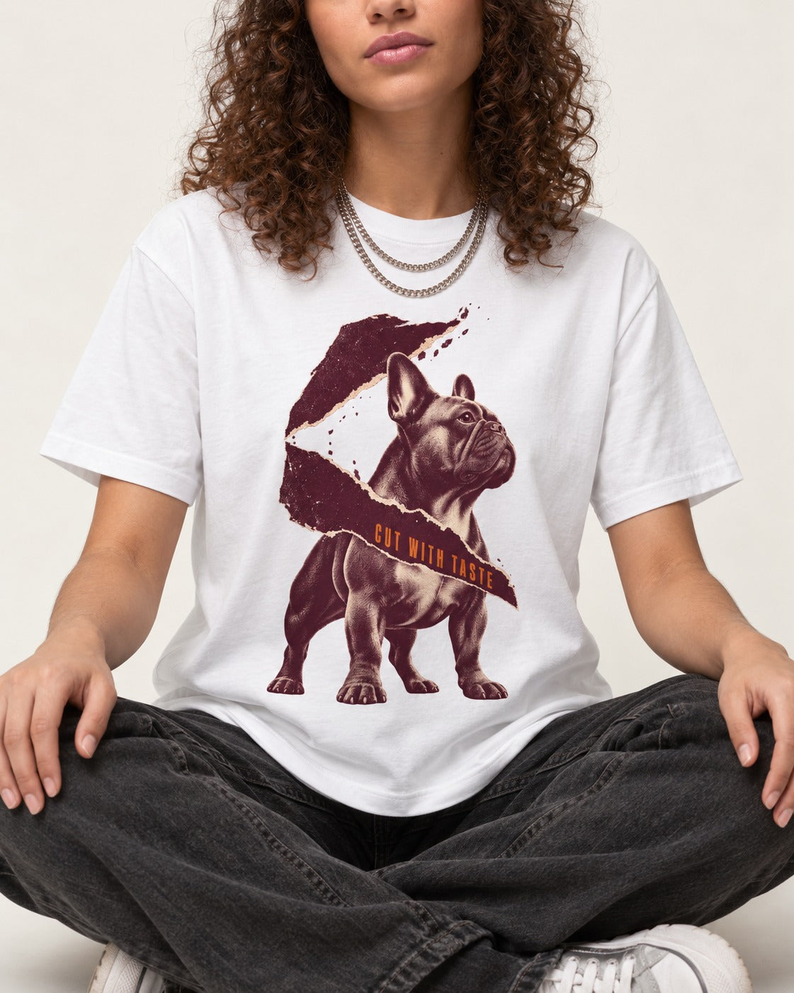 Frenchie Cut with Taste T-Shirt in White, worn by a seated model