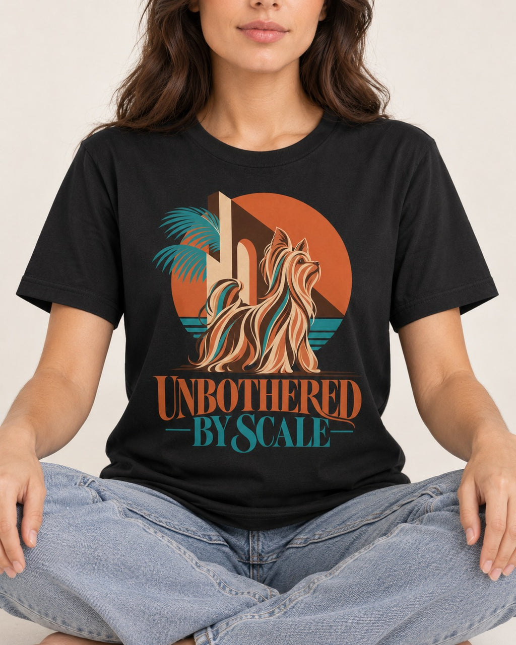 Yorkshire Terrier Unbothered by Scale Tropical Architecture Graphic T-Shirt in Black, worn by a seated model
