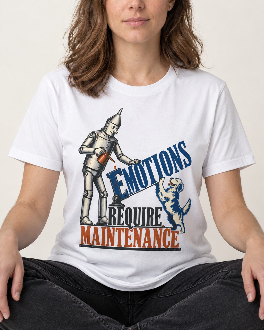 Golden Retriever Emotions Require Maintenance T-Shirt in White, worn by a seated model